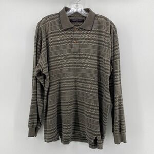 Jhane Barnes Mens Medium Long Sleeve Polo Shirt Cotton Jacquard Knit Brown Green